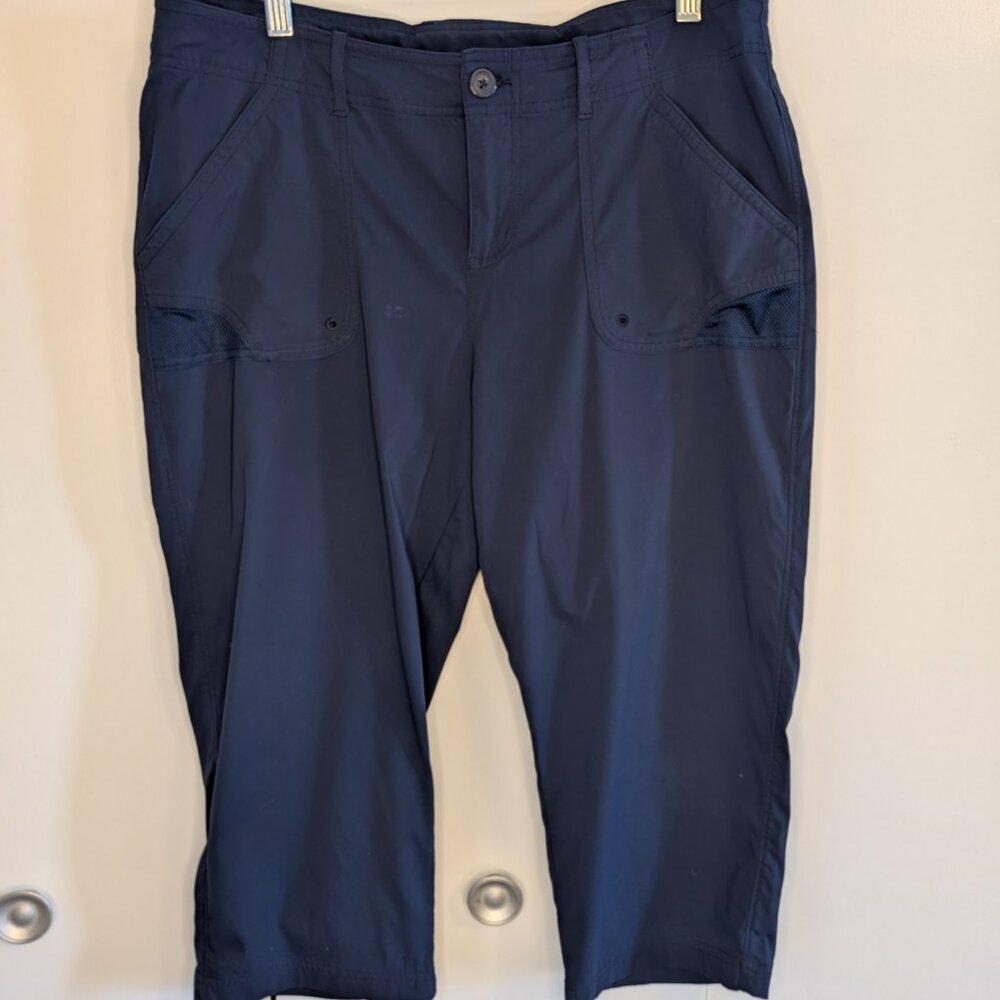 Columbia PFG Pants Womens Sz 12 Navy Blue Crop Hiking Pockets Quick Dry Nylon